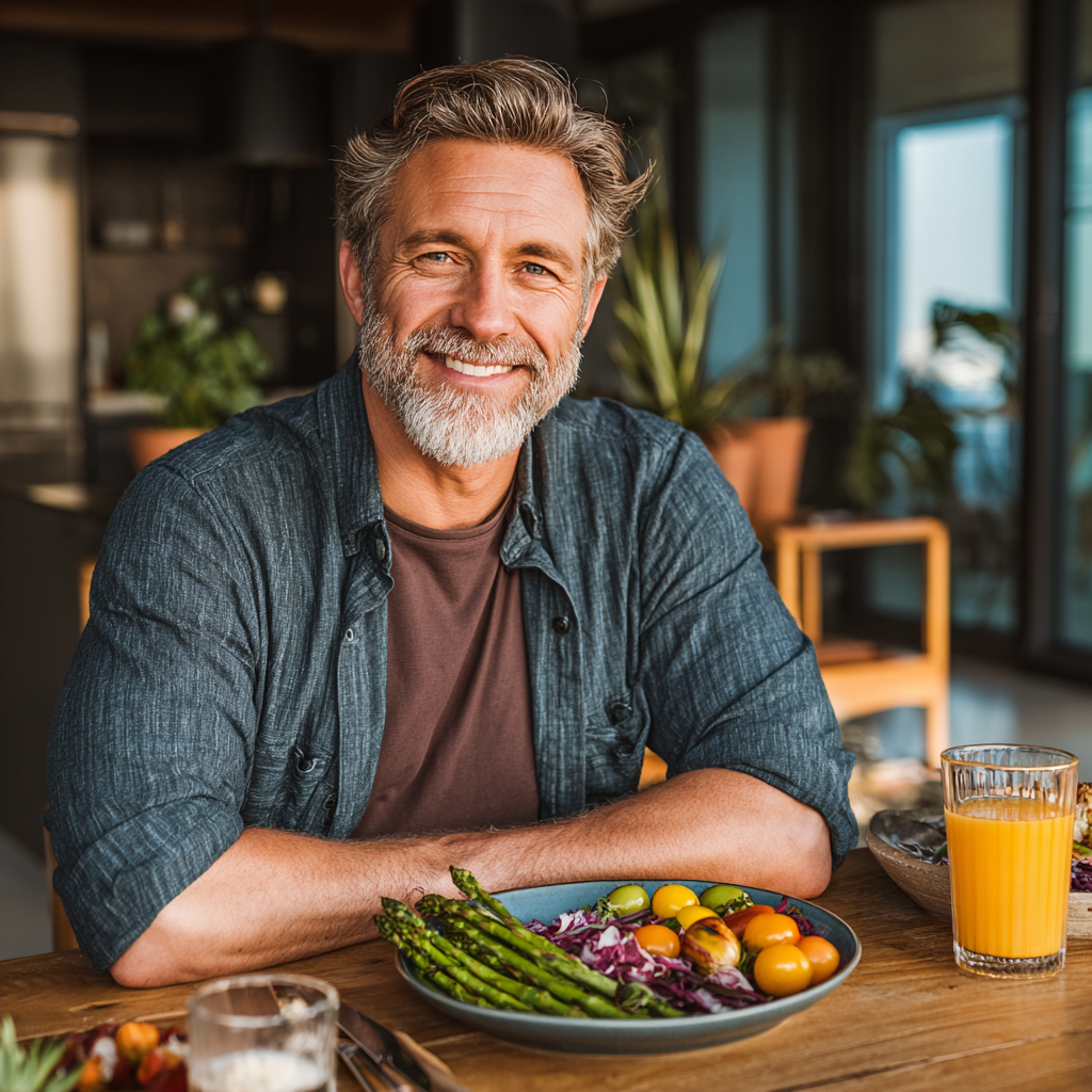 Healthy middle-aged man in his fifties enjoying a colorful balanced meal at a dining table, looking satisfied and energetic, demonstrating successful nutrition planning results