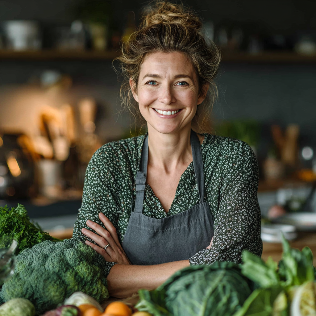 Smiling woman in her forties preparing fresh healthy vegetables in a bright modern kitchen, looking confident and energetic while creating nutritious meals